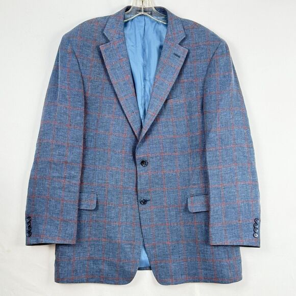 Paul Fredrick Linen Blazer Sport Coat Mens Size 43R Blue Plaid Jacket - Picture 2 of 16